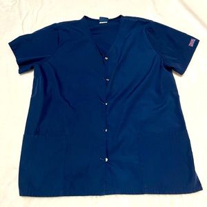 Navy blue button up scrub top.  Size M